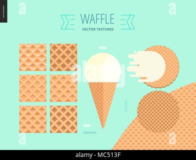 Illustrazione Vettoriale di sei seamless pattern waffle e frutta rossa gelato convogliatore in un cono di cialda, nastro piatto e due round waffle belga sul menta Illustrazione Vettoriale