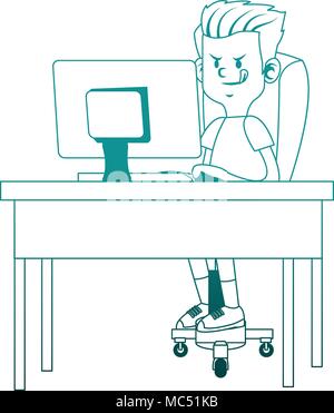 Idle boy utilizzando computer su linee blu Illustrazione Vettoriale