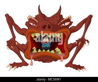 Cannibal monster cartoon, vettore orizzontale, su bianco, isolato Illustrazione Vettoriale