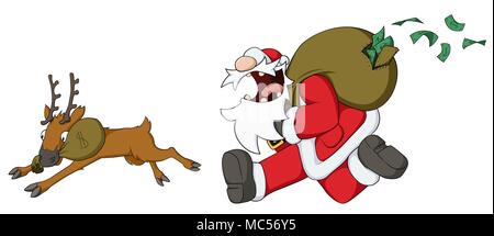 Celebrazione della Messa di Natale divertente cartone animato, Santa Claus in esecuzione con il sacco di denaro Illustrazione Vettoriale