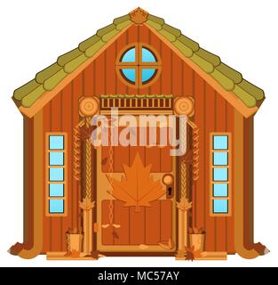 Maple Leaf cabina piccola casa di legno, vettore illustrazione cartoon orizzontale, Arancione marrone elemento di design, su bianco, isolato Illustrazione Vettoriale