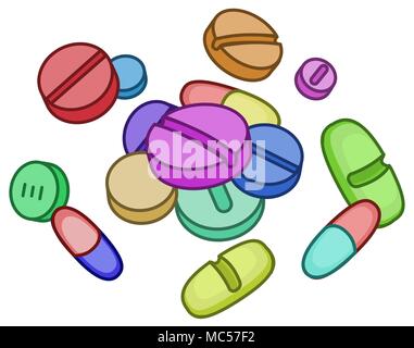 Pillola medicina farmaco cartoon il colore di disegno e illustrazione vettoriale, su bianco Illustrazione Vettoriale