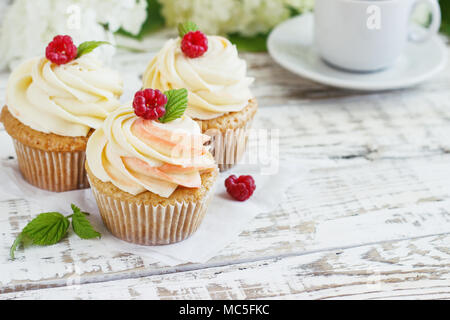 Delicati tortini alla vaniglia con crema di lamponi e su un bianco sullo sfondo di legno Foto Stock