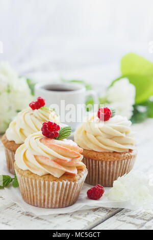 Delicati tortini alla vaniglia con crema di lamponi e su un bianco sullo sfondo di legno Foto Stock