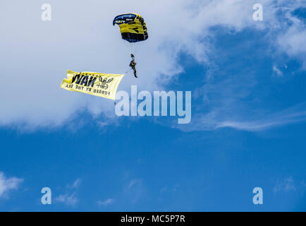 180409-N-MJ645-0110 BIRMINGHAM, Ala. (9 aprile 2018) Stati Uniti Navy Parachute Team, il salto delle rane, eseguire una dimostrazione con il paracadute durante la settimana della Marina Birmingham, Alabama. La Marina Ufficio di comunicazione alla Comunità utilizza la Marina programma settimana per portare i marinai della marina militare, attrezzature e visualizza per circa 14 città americane ogni anno per una settimana di calendario di impegni di outreach. (U.S. Foto di Marina di Massa lo specialista di comunicazione 1a classe Marcus L. Stanley/rilasciato) Foto Stock