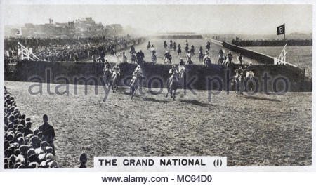 Il Grand National - folla guarda cavalli da salto oltre il becher di Brook, l'Aintree Racecourse 1932 Foto Stock