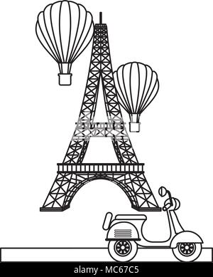 Torre Eiffel Parigi scooter e i palloni ad aria calda Illustrazione Vettoriale