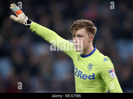 Leeds United portiere Bailey Peacock-Farrell durante il cielo di scommessa match del campionato a Villa Park, Birmingham. Stampa foto di associazione. Picture Data: Venerdì 13 Aprile, 2018. Vedere PA storia SOCCER Villa. Foto di credito dovrebbe leggere: Nick Potts/filo PA. Restrizioni: solo uso editoriale nessun uso non autorizzato di audio, video, dati, calendari, club/campionato loghi o 'live' servizi. Online in corrispondenza uso limitato a 75 immagini, nessun video emulazione. Nessun uso in scommesse, giochi o un singolo giocatore/club/league pubblicazioni. Foto Stock