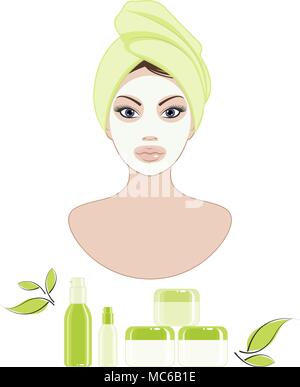 Giovane donna la cura per il suo viso usando un prodotti cosmetici Illustrazione Vettoriale