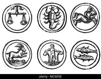 Astrologia - ZODIACS sei immagini dei dodici segni dello zodiaco - Bilancia, Scorpione, Sagittario, Capricorno, Acquario e Pesci (immagini di altre sei sono disponibili). Da un pastore tedesco il calendario del 1520. Foto Stock