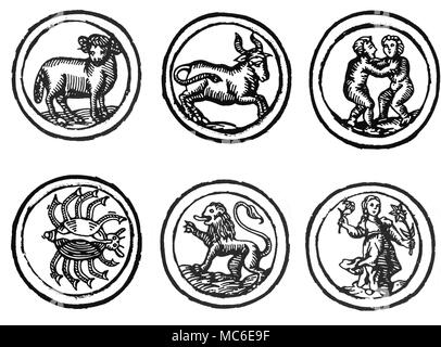Astrologia - ZODIACS sei immagini dei dodici segni dello zodiaco - Ariete, Toro, Gemelli, Cancro, Leone e Vergine (immagini di altre sei sono disponibili). Da un pastore tedesco il calendario del 1520. Foto Stock