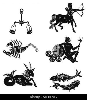 Astrologia - ZODIACS sei immagini dei dodici segni dello zodiaco - Bilancia, Scorpione, Sagittario, Capricorno, Acquario e Pesci (immagini di altre sei sono disponibili). Da E.H. Allen, un manuale di Cheirosophy, 1885. Foto Stock