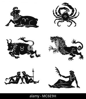 Astrologia - ZODIACS sei immagini dei dodici segni dello zodiaco - Ariete, Toro, Gemelli, Cancro, Leone e Vergine (immagini di altre sei sono disponibili). Da E.H. Allen, un manuale di Cheirosophy, 1885. Foto Stock
