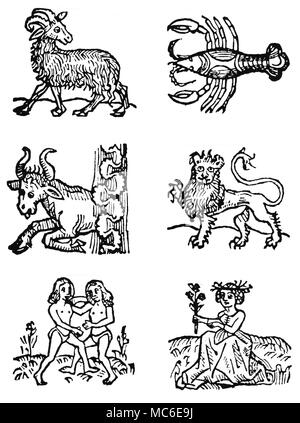 Astrologia - ZODIACS sei immagini dei dodici segni dello zodiaco - Ariete, Toro, Gemelli, Cancro, Leone e Vergine (immagini di altre sei sono disponibili). Da un Astrologium Planum, pubblicata a Venezia nel 1497. Foto Stock