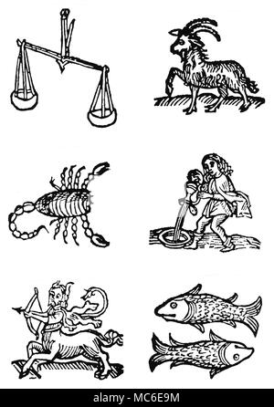 Astrologia - ZODIACS sei immagini dei dodici segni dello zodiaco - Bilancia, Scorpione, Sagittario, Capricorno, Acquario e Pesci (immagini di altre sei sono disponibili). Da un Astrologium Planum, pubblicata a Venezia nel 1497. Foto Stock