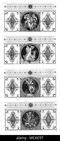 Astrologia - segni dello Zodiaco Il sigils e immagini per zodiaco sagittario, capricorno, acquario e pesci, dalla serie di John Leighton, la vita dell uomo, 1866. L'immagine del Sagittario è il centauro che porta su è in grado indietro una divinità agricola. Il Capricorno è il simbolo del Natale come una cristianizzazione delle feste pagane - un sacerdote (con una croce in evidenza) detiene una ciotola wassal, e cavalca una capra, l'immagine del segno. Aquarius il portatore dell'acqua sembra essere troppo freddo per adempiere al suo dovere - il vaso delle acque si trova ai suoi piedi, come egli cerca di farsi caldo in amara col Foto Stock