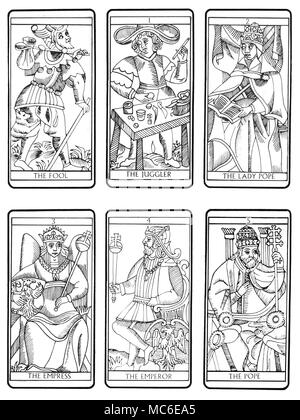 Tarocchi - MARSIGLIA DECK primi sei della sequenza di 22 carte dei Tarocchi (secondo il tradizionale design di Marsiglia), da zero card (Lo stolto), attraverso il giocoliere, la signora Papa, Imperatrice, l'Imperatore e il Papa. I restanti sequenze sono disponibili, in lotti di 6. Foto Stock