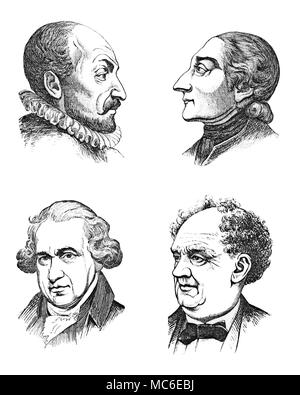Il PHRENOLOGY e fisionomia [top, da sinistra] i capi di due physiognomists - lo svizzero, Jean-Baptiste de la porta e il napoletano, Jean Lavater. Entrambi i ritratti sono stati selezionati in quanto presentano " grandi characterioscopicity'. [Basso, da sinistra], la Scottish meccanico e inventore, James Watt e il mattatore, P.T. Barnum: il primo dei quali è dato come un esempio di "grandi" structurodexterity, quest'ultima come un esempio di piccole o "trascurabile structurodexterity'. Registrati Barnum che egli non ha avuto la possibilità anche di whittle un barile tocca round. Da J. SIMM, un originale e mal Foto Stock