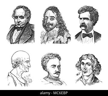 Il PHRENOLOGY e fisionomia [top, da sinistra] la testa di Thomas C. Haliburton, scrittore umoristico da Nova Scotia, in cui il segno di 'Merriness" venne "grandi", Charles I, re d'Inghilterra, un uomo che presenta 'small' merriness (ha detto di non aver mai riso dopo aver salito al trono) e Mark Twain, l'umorista americano che aveva "grandi salitiveness'. [Basso, da sinistra], la testa di Voltaire, un uomo "chi non aveva alcun rispetto per Dio o l'uomo, e chi ha cercato di distruggere tutte le fede religiosa", aveva 'small' della credulità. ... L'imperatore di Russia Pietro il Grande (come un giovane uomo) che avevano 'small aquas Foto Stock