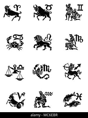 ZODIACS - dodici segni dello zodiaco di dodici immagini, con corrispondenti sigils, disposte in quattro registri (top) Ariete, Toro, Gemelli, (seconda riga) cancro, leone, vergine (terza riga), Libra, Scoprio, Sagittario, e (quarta fila), capricorno, acquario e pesci. Progettato circa 1920. Foto Stock