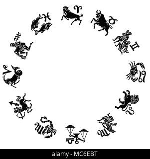 ZODIACS - dodici segni dello zodiaco di dodici immagini, con corrispondenti sigils, disposti in un cerchio. Nella parte superiore è Ariete la Ram - in senso orario, seguire Taurus il Toro e Gemelli gemelli, può cer il granchio, Leo Lion, Virgo vergine, bilancia la bilancia, scorpione Scorpione, Sagittario l'uomo-cavallo (o Centaur con arco e frecce), Capricorno la capra-pesce, Aquarius l'acqua-versatore, e i due pesci dei pesci. Progettato circa 1920. Foto Stock