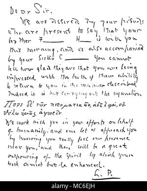 Spiritualismo, sedute spiritiche e dello spirito di scrittura - EGLINGTON spirito iscritto prodotte durante le esperienze tramite medium di William Eglington, in un gruppo che includeva Dawson Rogers, e tre individui non identificato, durante il mese di agosto 1884. Questo messaggio è stato ottenuto mediante mezzi invisibili, alla luce del sole, in 25 secondi. Ci sono alcuni errori grammaticali in greco - ha spiegato da un agricoltore come risultato dell'ardesia-matita è stata sfregata fuori e modificato da incisore. Da Giovanni S. agricoltore, Twixt due mondi. Un racconto della vita e del lavoro di William Eglington, 1886. Foto Stock