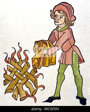 Fuoco XILOGRAFIA MEDIEVALE che mostra il tessuto amianto resistendo alle fiamme. Da un inizio XVI secolo "Hortus Sanitatis' Foto Stock
