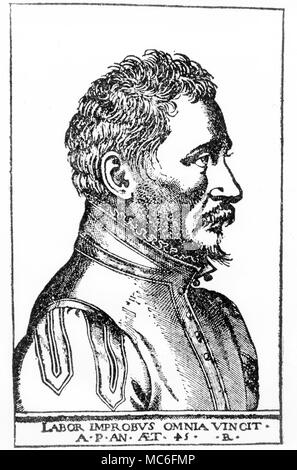 Ritratto del chirurgo francese Ambroise pare, il chirurgo capo di Henri II di Francia, il patrono di Nostradamus. Nostradamus predice la morte di Enrico II da una ferita nell'occhio - Ambroise Pare frequentato Henri durante questa malattia fatale. Foto Stock