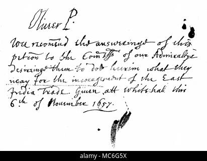 La grafologia - Oliver Cromwell nota autografe di Oliver Cromwell, relative a una petizione dalla East India Company, datata 6 novembre 1657. Il Oliver P. mezzi, Oliver egli protettore. Da John Richard Green, una breve storia del popolo inglese, 1902 edn. Foto Stock