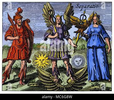 Alchimia - SEPARATIO - Incisione di mercurio da JOhann Daniel Mylius, Philosophia Reformata, 1622. L'alato Mercurio con un caduceo in ogni mano e il sole e la luna su entrambi i lati, sorge tra ciò che può essere preso come Marte (l'uomo armato) e Venere (la donna con uccello), ma la più profonda simbologia identifica queste come zolfo e sale, rispettivamente. I due devono essere separati da mercurio, come una delle principali fasi del processo alchemico. L'immagine è collegata con il secondo kay (clavis) di basilico San Valentino. Foto Stock