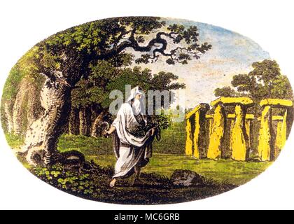 Druid in un boschetto di querce nei pressi di Stonehenge, con la falce e il vischio. La stampa a colori in base sullato vignette da Francis Grose, "Antichità di Inghilterra e Galles' 1773-87 Foto Stock