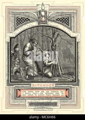 Astrologia - MESI DELL'ANNO - Novembre il mese di novembre, dalla serie di John Leighton, la vita dell uomo, 1866. I dodici segni (in questo caso Scorpio) sono associati con ciascuno dei mesi durante il quale il Sole si trova in questo segno zodiacale. Un segno distintivo di tappa in dodici stadi di vita dell uomo è collegato anche con l'immagine - in questo caso, novembre è legato con il censore e il Vecchio. Dall'undicesimo mese dell'anno, l'alato a clessidra è quasi esaurita. Il tema è di età e la restrizione - l'uomo non è in grado di sentire, l'Edera soffoca la balaustra, l'alberello ha bisogno di assistenza Foto Stock