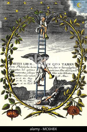 Alchimia - MUTUS LIBER, o silenzioso libro - piastra 1. La piastra 1 - il titolo-pagina, del Mutus. Questo è uno dei pochi piatti con parole: il titolo traduce il libro muto, in cui però tutta la filosofia ermetica è raffigurato in geroglifico figure, consacrato al Dio della misericordia, tre volte beata e più grande, e dedicato ai soli figli dell'arte, dell'autore, il cui nome è Altus. Le tre figure di seguito sono a specchio, script e fare riferimento ai passi biblici nella Genesi (Neg) e Deuteronomio (Tued). Questo è specchio script perché, nella tradizione arcana, il mondo superiore (da w Foto Stock