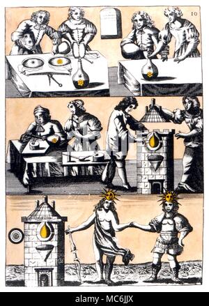 Alchimia - MUTUS LIBER. La piastra 10 dal 'Mutus Liber", il libro privi di parole, 1677 (La Rochelle), probabilmente progettato da Jacob Saulat. La piastra 10 - concernenti le proporzioni corrette di fiore e Salines Foto Stock