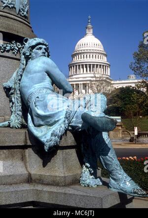 Muratura - dettaglio della statua di Garfield, uno dei assassinato presidenti degli Stati Uniti. Garfield era un noto Mason, e ci sono molti dettagli massonico sulla statua. Washington DC Foto Stock