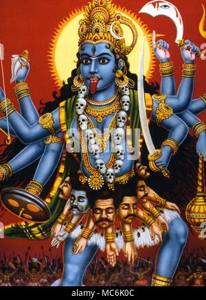 Demoni - Kali. In miti vedica, Kali è la moglie di Siva, chi apears in molte forme. Come dea di spazio, ella danze attraverso lo spazio, indossa una collana di teschi o appena tagliato teste votive popolare la stampa a Bombay street Foto Stock