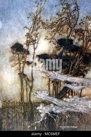FAIRY TALES - fate in volo, con ... "La Luna, simile ad un arco di argento/new-piegata in cielo". Ossido di titanio, la regina delle fate, dormendo. Da William Shakespeare A Midsummer Night's Dream, illustrata 1908 da Arthur Rackham Foto Stock