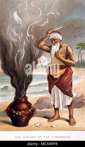 FAIRY TALES - Arabian Nights. La Storia del pescatore. Il Pescatore e il Genio. Illustrazione litografica di circa 1890. Il Fyler Townsend edizione del Arabian Nights Foto Stock