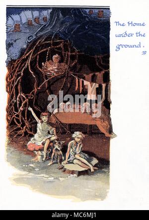 FAIRY TALES - PETER PAN illustrazione di Gwynedd M. Hudson, per J.M. Barrie Peter Pan e Wendy, nessuna data, ma circa 1930. " Home sotto la terra" - la casa del Darlings sulla Neverland - 'Non diversamente da ciò che il bambino porta avrebbe reso".