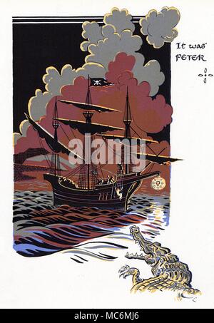 FAIRY TALES - PETER PAN illustrazione di Gwynedd M. Hudson, per J.M. Barrie Peter Pan e Wendy, nessuna data, ma circa 1930. "È stato Peter'. Peter Pan attrae il ticchettio di coccodrillo per la nave dei pirati.