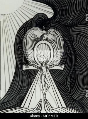 Simboli - Arte occulta - mitologia egiziana - Ankh grande illustrazione monocromatica, il mantello di impostare, (circa 1950), raffigurante l'Egiziano equivalente del diavolo crocifisso su una croce ankh. Come illustrazione lascia intendere, il reame di set è buio - illuminato area solare è governata da suo fratello, Osiride. Foto Stock