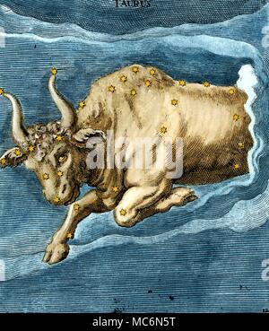 Costellazioni Taurus settecenteschi colorati a mano incisione di constellational Taurus il toro basato sull'illuminazione nel IX secolo Aratea manoscritto in Leiden che di per sé è basato sulla traduzione latina del Greco originale di Arato scritto nel primo secolo della nostra era. Arato è nato a circa 315 BC in soli sulla costa sud del presente in Turchia ed è detto di avere scritto il suo phaenomena per il dominatore della Macedonia Antigonus Gonatas Foto Stock