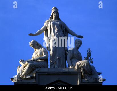 Stati Uniti Washington DC Columbia proteggendo la scienza e industria scultura di Casper Burberl 1881 con le arti e le industrie edificio del Smithsonian Institute Foto Stock