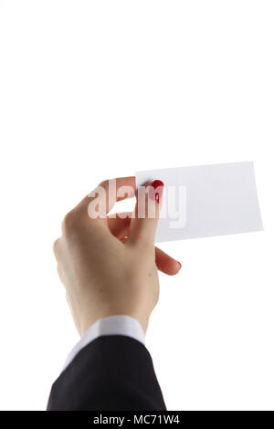 Femmina di mano azienda business card in ufficio. Foto Stock
