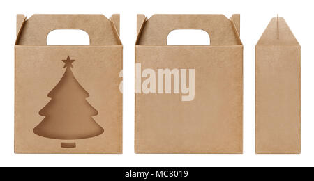 Casella finestra marrone albero di Natale forma tagliata fuori del modello di packaging, vuota la casella kraft isolato di cartone sfondo bianco, scatole di carta naturale kraft Foto Stock