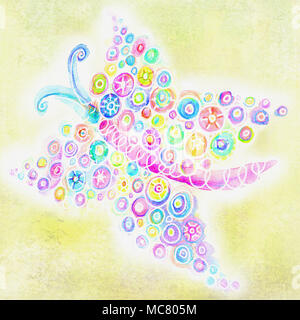 Abstract bright butterfly, volare in una giornata di sole. Disegnata a mano illustrazione. Colorati acquerelli astratti butterfly isolato su sfondo giallo. Foto Stock