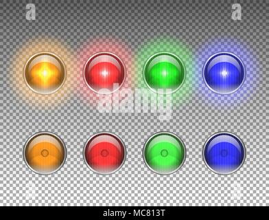 Round dei fari delle automobili con effetto di luce. Lampade incandescenti su sfondo trasparente. Illustrazione Vettoriale