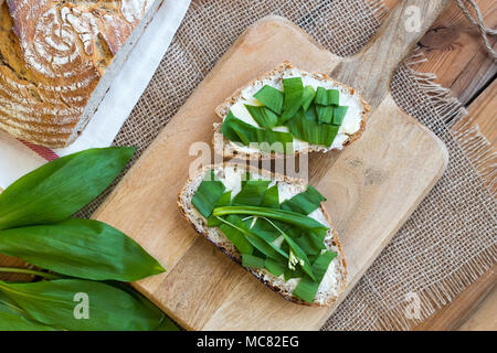 Fette di pane a lievitazione naturale con burro e aglio selvatico, vista dall'alto Foto Stock