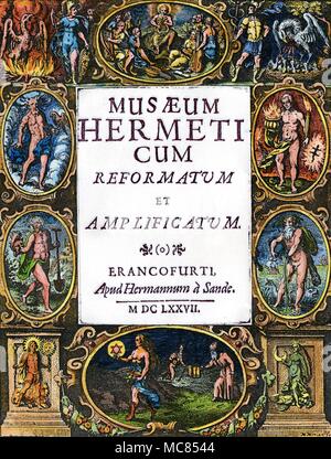 Alchimia, quattro elementi i quattro elementi di aria, terra, fuoco e acqua (a destra e a sinistra del blocco del titolo e con i simboli corrispondenti dall'alchimia - il Phoenix di fuoco (in alto a sinistra) il pellicano di sangue (a fianco di mercurio, in alto a destra) il sole con Leo Lion (in basso a sinistra) e la luna in piedi sul gambero di fiume di cancro (in basso a destra) Titlepage al 1677 edizione del Musaeum Hermeticum Reformatum Foto Stock