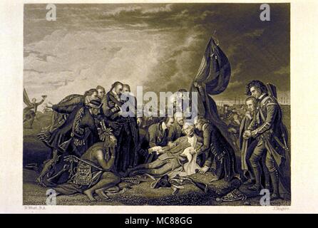 Storia - BRITISH " La morte del generale Wolfe'. Incisione in acciaio da J. Rogers dopo la pittura di Benjamin West. Incisione di circa 1855. Foto Stock